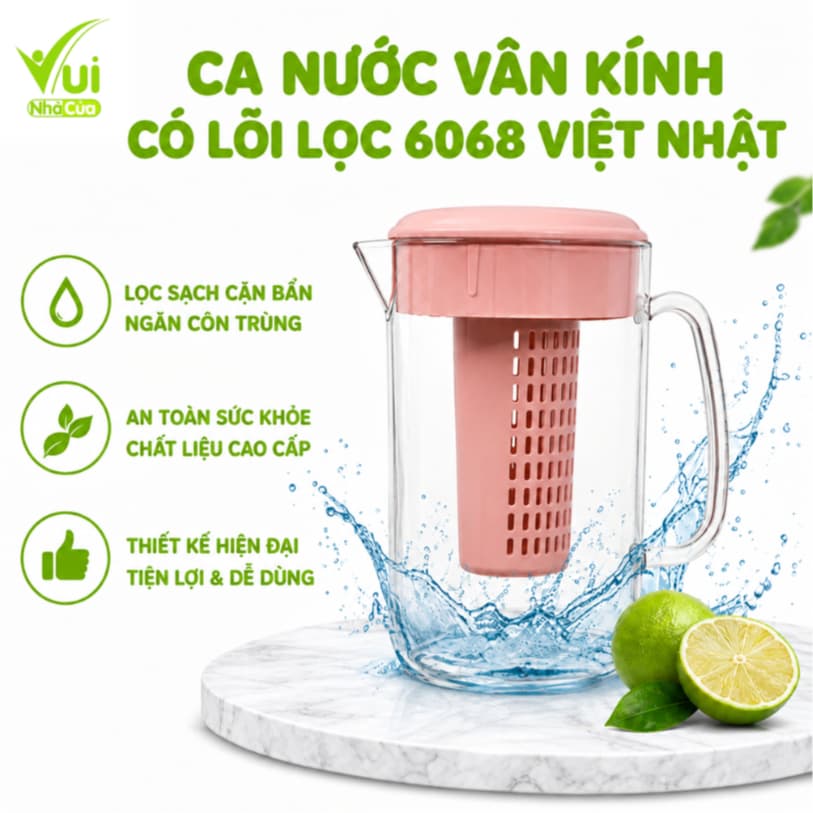 Ca Nước Nhựa Vân Kính Có Lõi Lọc Việt Nhật 6068 GD59 - Bình Đựng Nước Có Lõi Lọc Nhựa SAN PP Cao Cấp