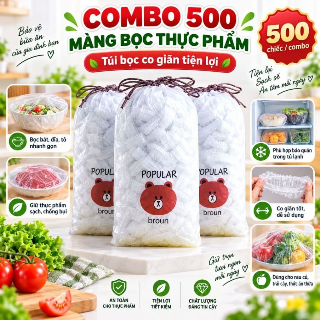 [ COMBO 10 TÚI ] Màng Bọc Thực Phẩm VINALUXURY - túi gấu tái sử dụng co giãn siêu dai 100 cái 1 túi
