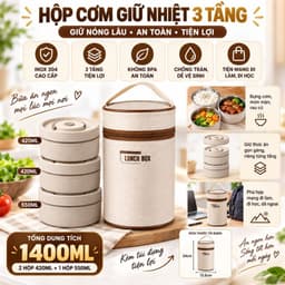 Hộp Đựng Cơm Giữ Nhiệt Kèm Túi 3 Tầng VINALUXURY Hộp Cơm Văn Phòng Cách Nhiệt 3 Tầng Không Gỉ Tiện Lợi 1