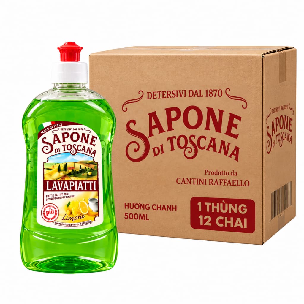 1 THÙNG 12 CHAI NƯỚC RỬA CHÉN BẰNG TAY ĐẬM ĐẶC SAPONE DI TOSCANA – HƯƠNG CHANH 500ML