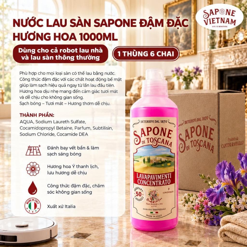 1 Thùng 6 Chai Nước Lau Sàn Sapone Đậm Đặc Hương Hoa Thơm Ngát 1000ml – Nước Lau Sàn Robot & Sàn Nhà