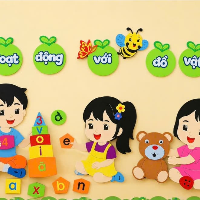 Góc Hoạt động với đồ vật - Tranh góc dán tường chất steam trang trí lớp học cho bé mầm non
