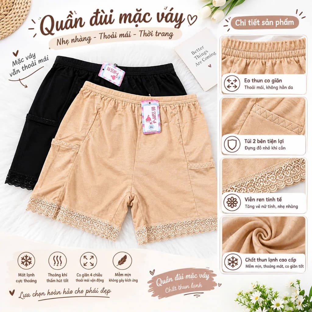 Quần mặc váy, quần đùi mặc váy cao cấp chất thun lạnh phối ren đẹp lắm 50-69kg mềm mát