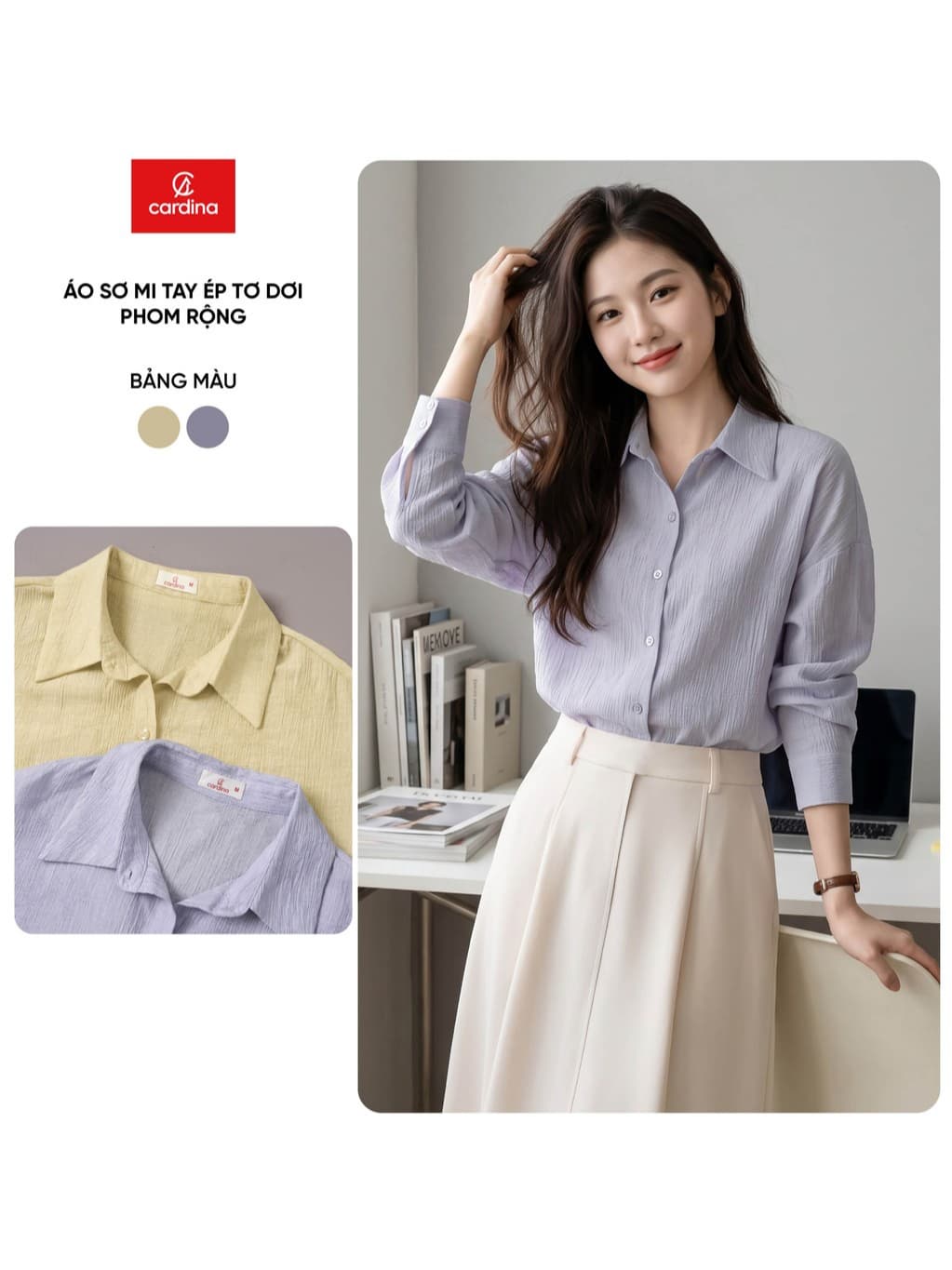 Áo sơ mi nữ CARDINA chất liệu tơ ép dài tay cổ đức phom rộng 6ASD01