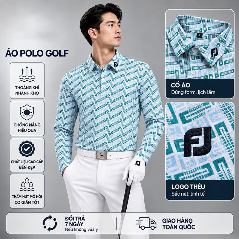 Áo Polo Golf Nam Dài Tay FJ Họa Tiết Hoa Cao Cấp Thoáng Khí Co Giãn Tốt Form Golf Lịch Lãm