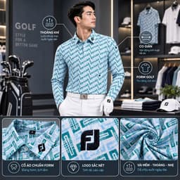 Áo Polo Golf Nam Dài Tay FJ Họa Tiết Hoa Cao Cấp Thoáng Khí Co Giãn Tốt Form Golf Lịch Lãm 2