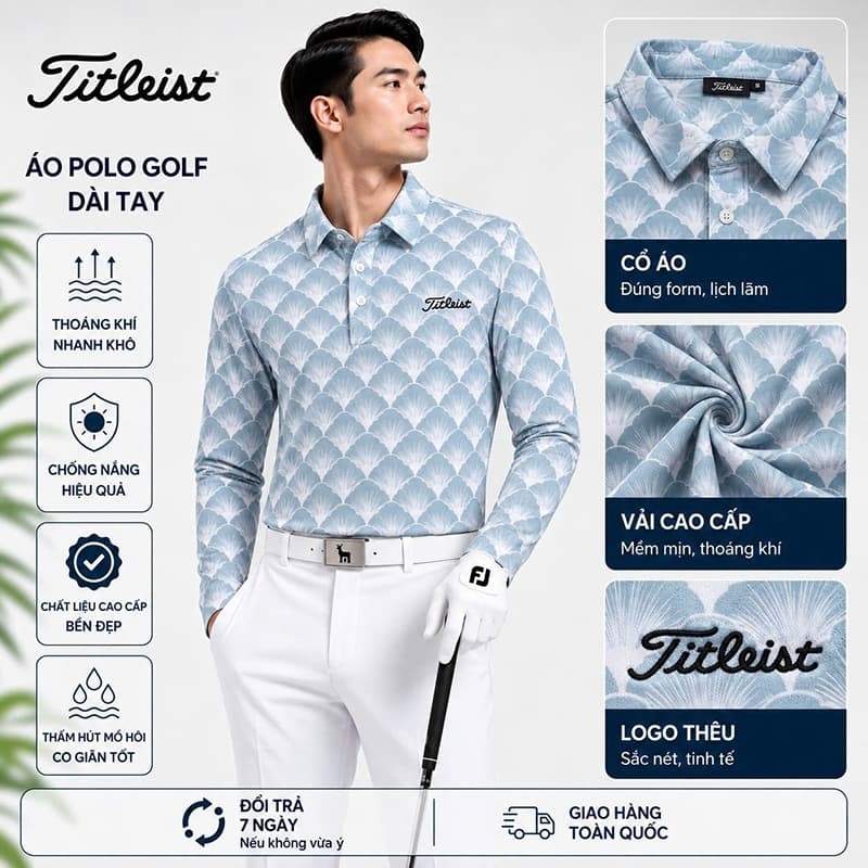 Áo Polo Golf Nam Dài Tay Titleist Họa Tiết Hoa Cao Cấp Thoáng Khí Co Giãn Tốt Form Golf Lịch Lãm