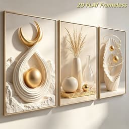 Bộ 3 Tranh Treo Tường 3D Màu Kem Vàng Ánh Kim Phong Cách Hiện Đại Sang Trọng Trang Trí Phòng Khách Phòng Ngủ 1