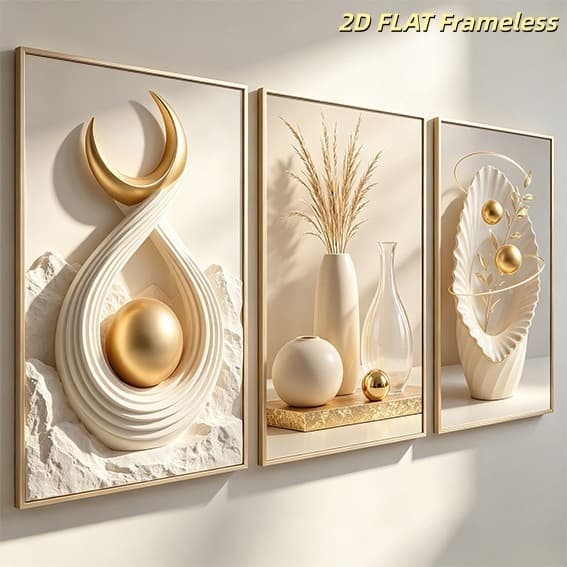 Bộ 3 Tranh Treo Tường 3D Màu Kem Vàng Ánh Kim Phong Cách Hiện Đại Sang Trọng Trang Trí Phòng Khách Phòng Ngủ
