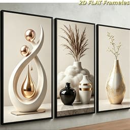 Bộ 3 Tranh Treo Tường 3D Màu Kem Vàng Ánh Kim Phong Cách Hiện Đại Sang Trọng Trang Trí Phòng Khách Phòng Ngủ 6