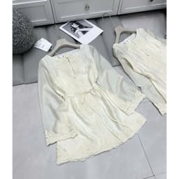 Váy tay dài phối ren thêu ngực thắt nơ eo sang trọng, đầm cổ V viền ren dáng ngắn xòe tiểu thư TUMY Design HM-138 4