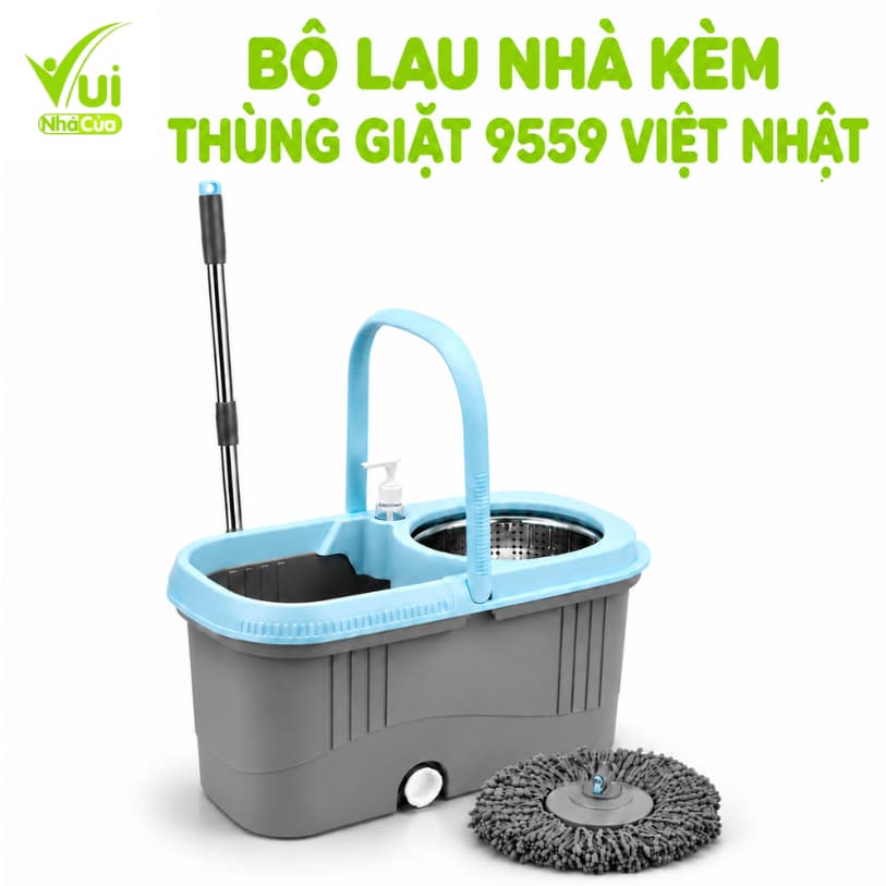 Bộ Chổi Lau Nhà Xoay 360 Độ 9559 Việt Nhật Kèm Thùng Giặt Inox Cán Inox Điều Chỉnh Chiều Dài GD323