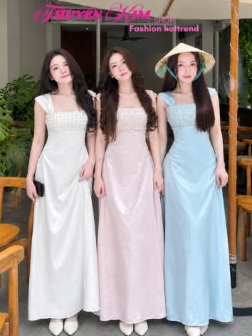 Đầm váy dài, Đầm 2 dây mocking eo chất Lụa Tô Châu Ánh Nhung phối Kim Sa lấp lánh dáng dài_QCMK