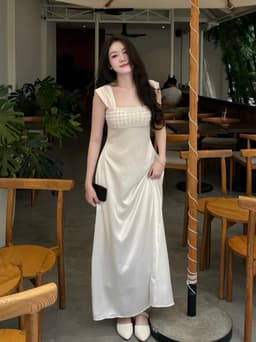 Đầm váy dài, Đầm 2 dây mocking eo chất Lụa Tô Châu Ánh Nhung phối Kim Sa lấp lánh dáng dài_QCMK 7