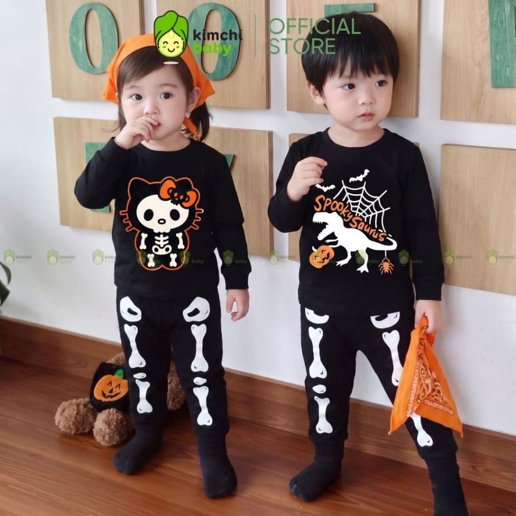 [BÉ 10-29KG] Bộ Dài Tay Cotton 4C Cho Bé Trai, Bé Gái KIMCHIBABY Hoạ Tiết Halloween, Đồ Bộ Cho Bé Mặc Nhà MKMTD2240