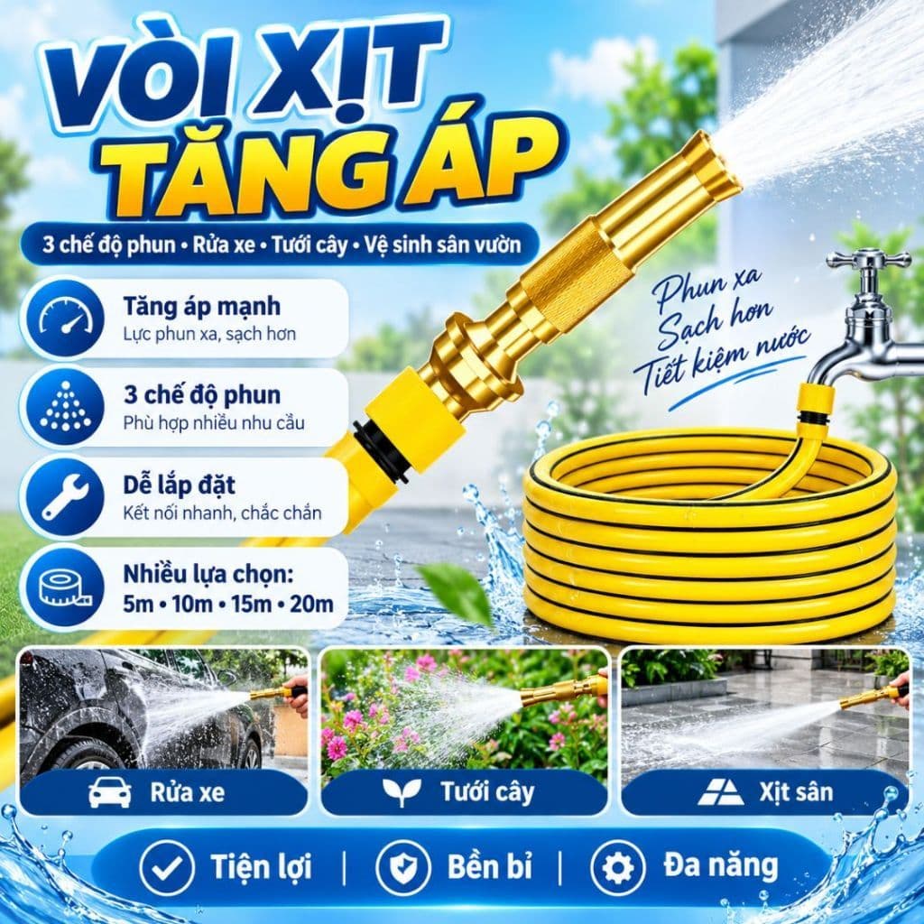 Combo Vòi Xịt Tăng Áp Đầu Đồng Kèm Dây Ống Xịt Nước 5m 10m 15m 20m Chuyên Dụng Tưới Cây Và Rửa Xe