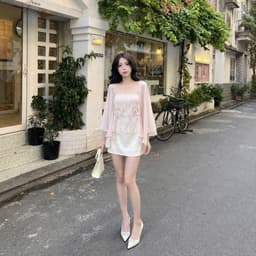Set Váy Tiểu Thư Áo Ren Babydoll Phối Choàng Tay Lỡ Mềm Và Chân Váy Lụa Ngắn Dịu Dàng Kieupham.shop 6