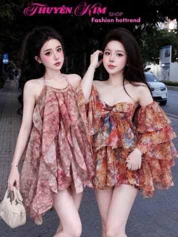 Đầm váy ngắn, Đầm TK chất Voan in Hoa Loang nhiều màu mặc hè dáng ngắn kèm quần đùi chất Umi_QC
