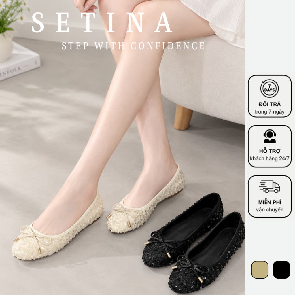 Giày Búp Bê Nữ SETINA Đế Bệt Kim Sa Mix Nơ Siêu Xinh Đi Nhẹ Chân Dễ Phối Đồ HotTrend B11