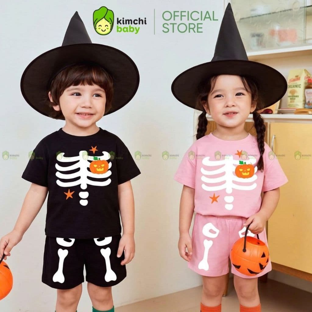 [BÉ 10-25KG] Bộ Quần Áo Bé Gái, Bé Trai KIMCHIBABY Vải Cotton 4C Cao Cấp Hoạ Tiết Halloween, Bộ Cộc Tay Cho Bé HLW601
