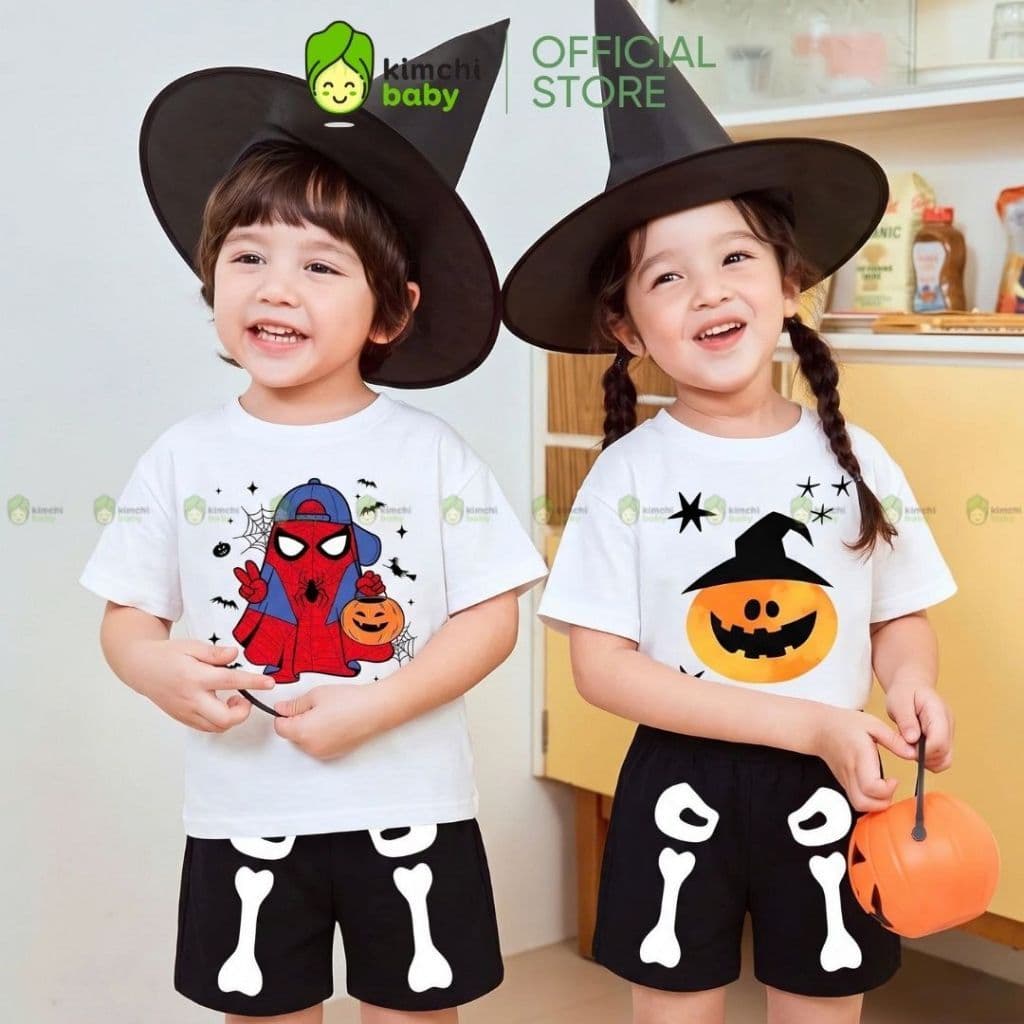 [BÉ 10-25KG] Bộ Quần Áo Bé Gái, Bé Trai KIMCHIBABY Vải Cotton 4C Cao Cấp Hoạ Tiết Halloween, Bộ Cộc Tay Cho Bé HLW601