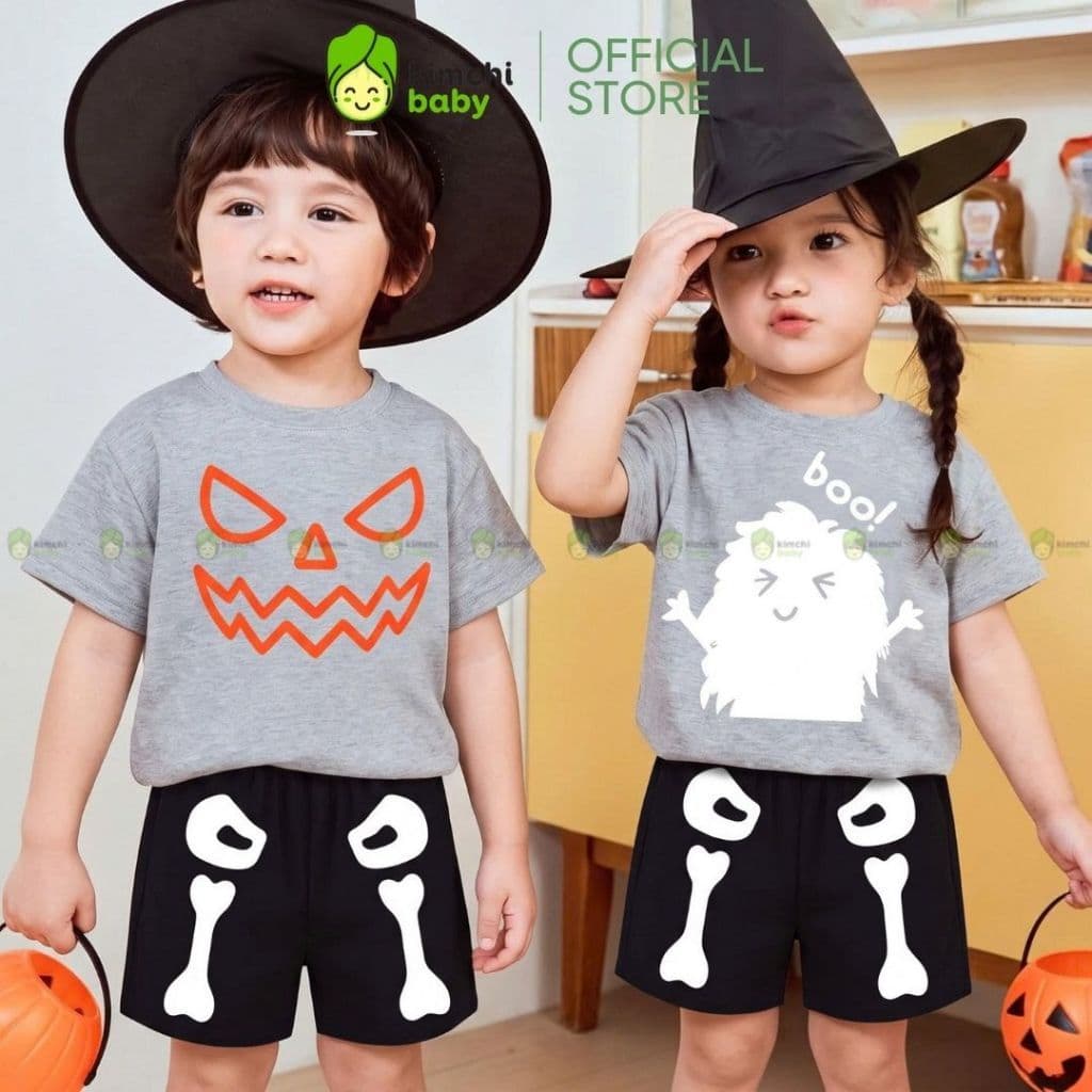 [BÉ 10-25KG] Bộ Quần Áo Bé Gái, Bé Trai KIMCHIBABY Vải Cotton 4C Cao Cấp Hoạ Tiết Halloween, Bộ Cộc Tay Cho Bé HLW601