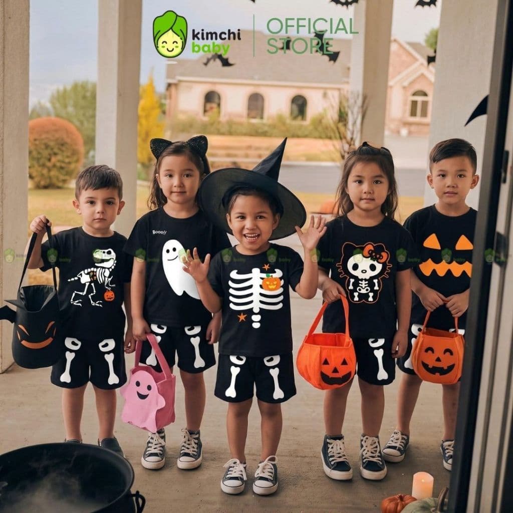 [BÉ 10-25KG] Bộ Quần Áo Bé Gái, Bé Trai KIMCHIBABY Vải Cotton 4C Cao Cấp Hoạ Tiết Halloween, Bộ Cộc Tay Cho Bé HLW601
