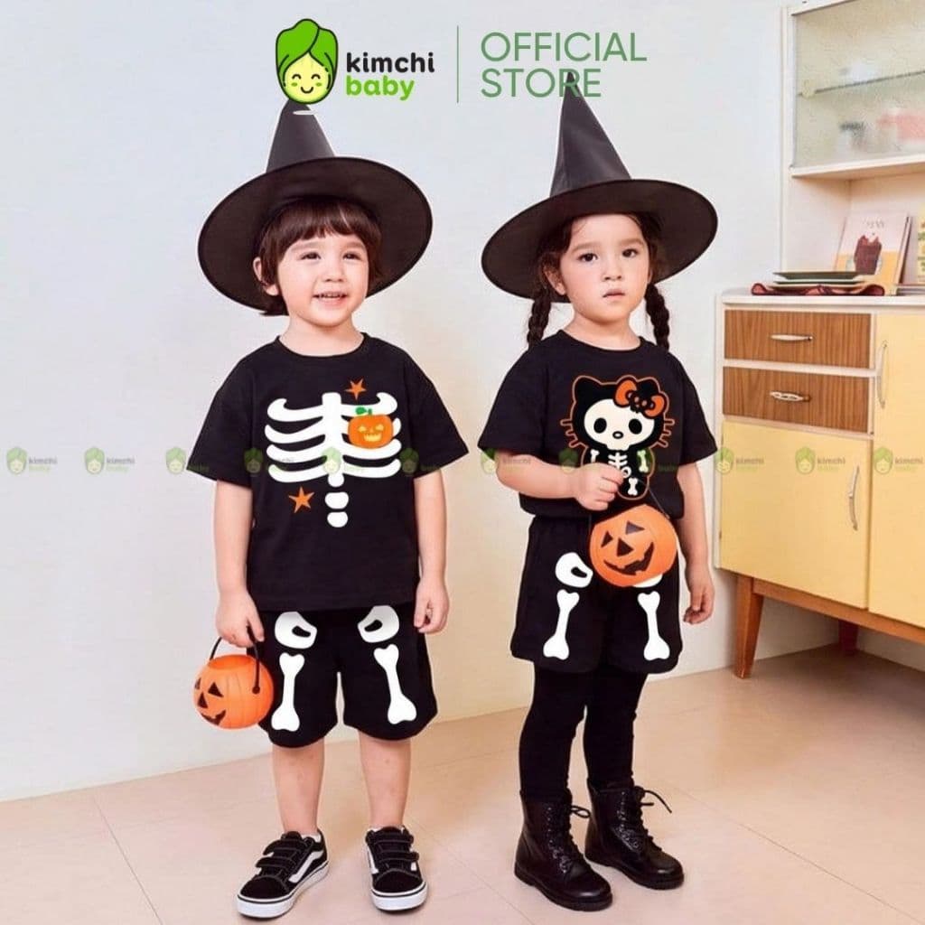 [BÉ 10-25KG] Bộ Quần Áo Bé Gái, Bé Trai KIMCHIBABY Vải Cotton 4C Cao Cấp Hoạ Tiết Halloween, Bộ Cộc Tay Cho Bé HLW601