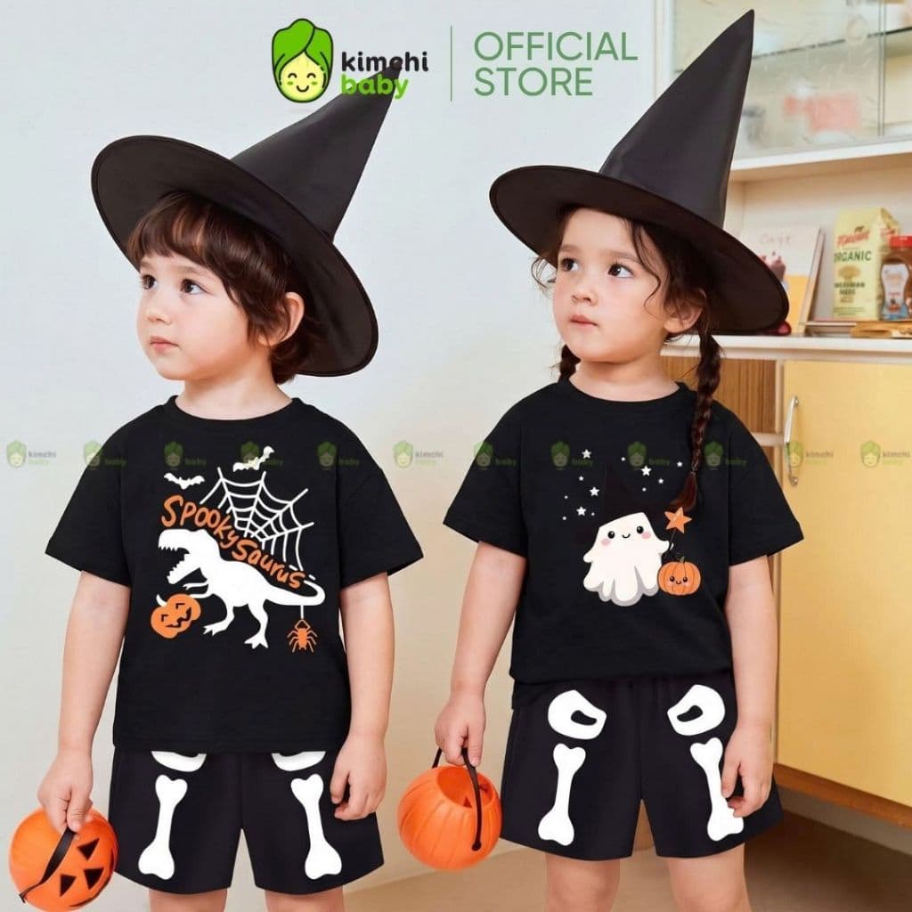 [BÉ 10-25KG] Bộ Quần Áo Bé Gái, Bé Trai KIMCHIBABY Vải Cotton 4C Cao Cấp Hoạ Tiết Halloween, Bộ Cộc Tay Cho Bé HLW601