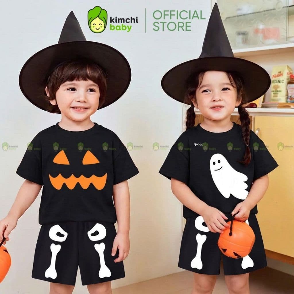 [BÉ 10-25KG] Bộ Quần Áo Bé Gái, Bé Trai KIMCHIBABY Vải Cotton 4C Cao Cấp Hoạ Tiết Halloween, Bộ Cộc Tay Cho Bé HLW601