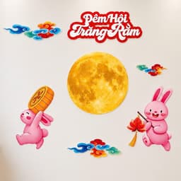 Sét trang trí Trung Thu,Mặt Trăng to,Mây ngũ sắc,thỏ hồng, quạt gấp sẵn,trường học,Lễ hội chợ,decor,siêu thị,lớp học 1
