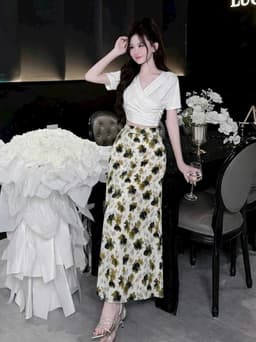 Set váy dài, Set công sở áo kiểu croptop chất Thun Cotton phối chân váy 2 lớp Lụa Hoa dáng dài 2