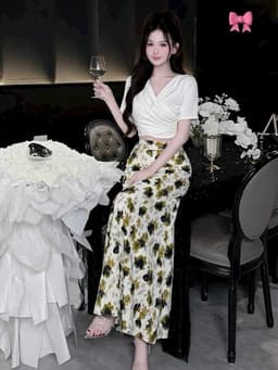 Set váy dài, Set công sở áo kiểu croptop chất Thun Cotton phối chân váy 2 lớp Lụa Hoa dáng dài 3