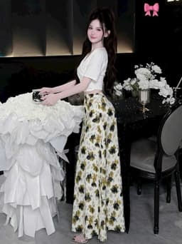 Set váy dài, Set công sở áo kiểu croptop chất Thun Cotton phối chân váy 2 lớp Lụa Hoa dáng dài 4