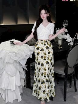 Set váy dài, Set công sở áo kiểu croptop chất Thun Cotton phối chân váy 2 lớp Lụa Hoa dáng dài 5