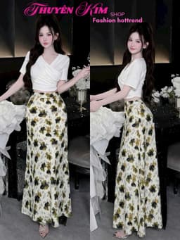 Set váy dài, Set công sở áo kiểu croptop chất Thun Cotton phối chân váy 2 lớp Lụa Hoa dáng dài 1