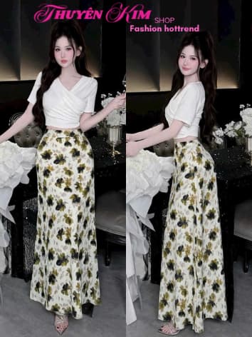 Set váy dài, Set công sở áo kiểu croptop chất Thun Cotton phối chân váy 2 lớp Lụa Hoa dáng dài