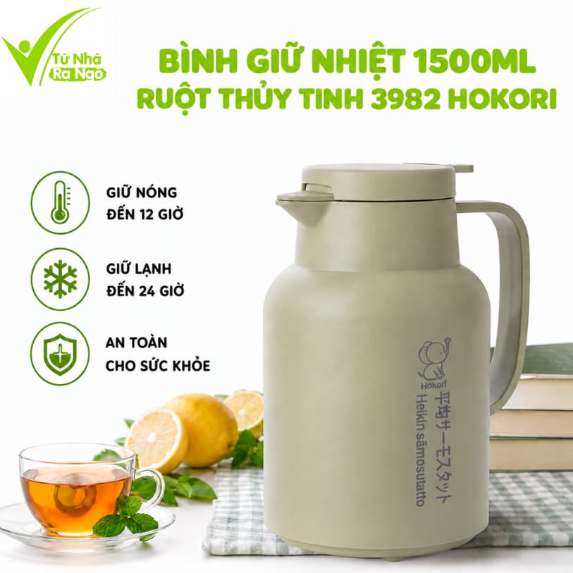 Bình Giữ Nhiệt 1.5 Lít 3982 Hokori Ruột Thủy Tinh Giữ Nóng Giữ Lạnh Lâu Thiết Kế Sang Trọng GD379