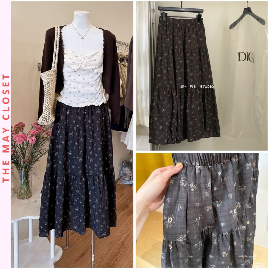 𝑨𝒏𝒏 𝑺𝒕𝒖𝒅𝒊𝒐 [SẴN] 𝑻𝒉𝒆𝑴𝒂𝒚 x 𝐐𝐂𝐋𝟏/ Chân Váy Dài Midi Thô Xước Nâu Hoa Nhí 85cm Xòe Tầng 2 Lớp Có Lót Cạp Chun Vintage Tag 𝐅𝟏𝟖 𝐒𝐭𝐮𝐝𝐢𝐨