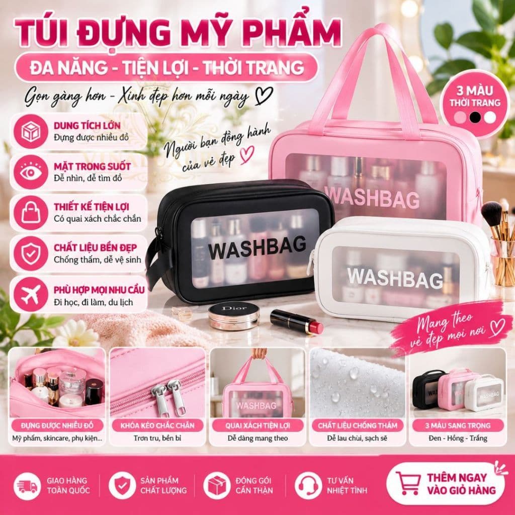 Túi Đựng Mỹ Phẩm Du Lịch Có Quai Xách - Túi Đựng Đồ Trang Điểm Skincare Chống Nước