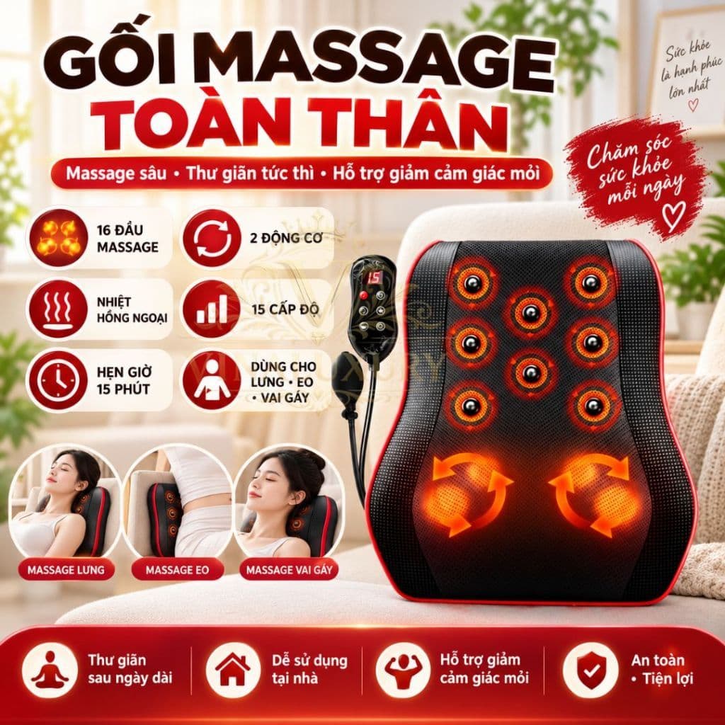 Gối Massage Toàn Thân Hồng Ngoại  Bi Đảo Chiều Hỗ Trợ Giảm Nhức Mỏi Toàn Thân Công Nghệ Nhật Bản