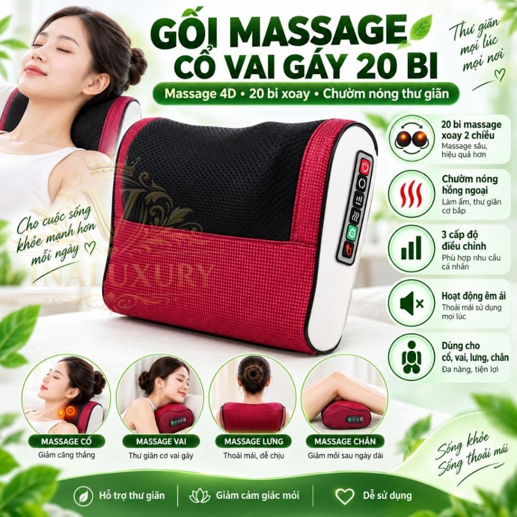 Gối massage cổ vai gáy máy massage hồng ngoại cao cấp hỗ trợ giảm đau mỏi vai gáy