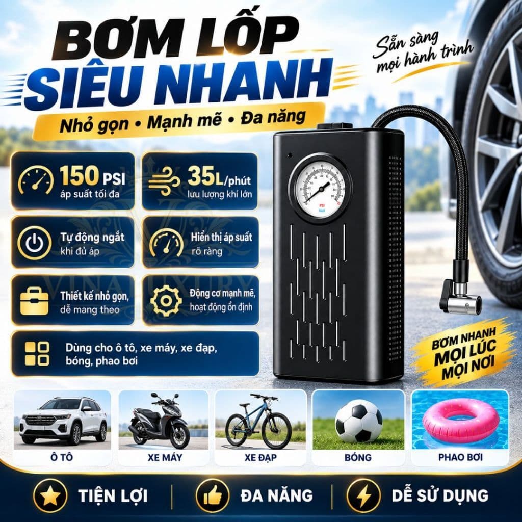 Máy bơm lốp ô tô cầm tay sạc USB ngắt tự động, thiết kế nhỏ gọn công suất lớn - Bơm Lốp Otô Tích Điện