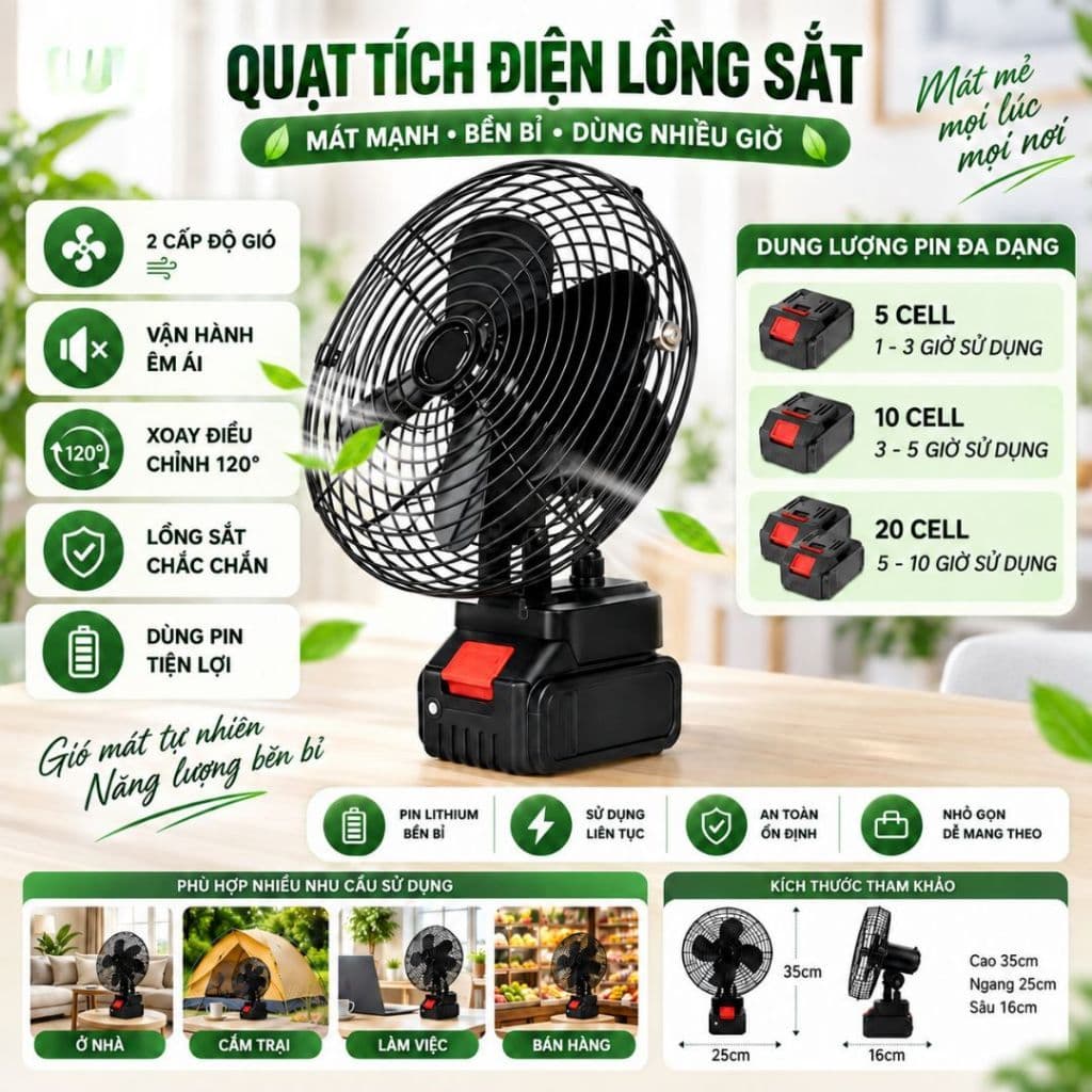 Quạt Tích Điện 2 Chế Độ Gió - Quạt Để Bàn - Pin10 Cell Sử Dụng Liên Tục Nhiều Giờ