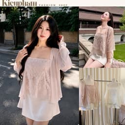 Set Váy Tiểu Thư Áo Ren Babydoll Phối Choàng Tay Lỡ Mềm Và Chân Váy Lụa Ngắn Dịu Dàng Kieupham.shop 1