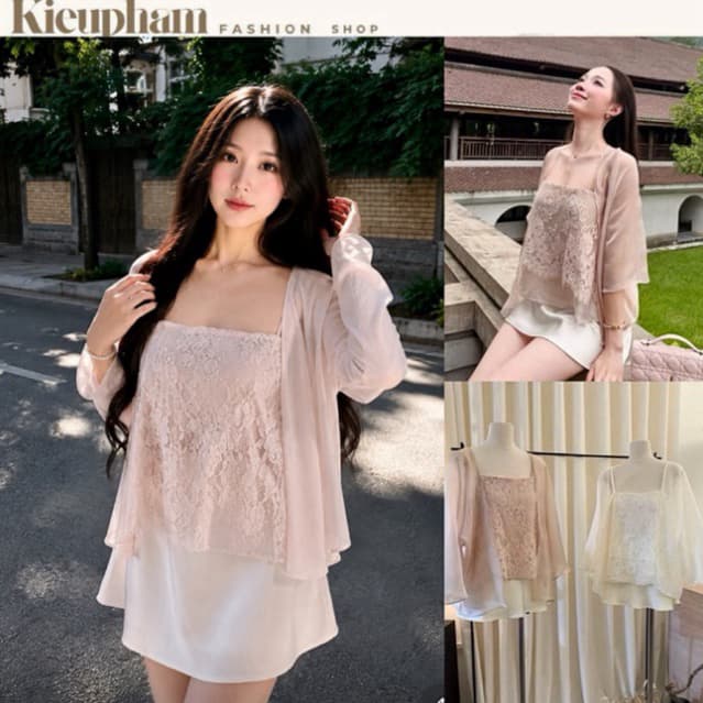 Set Váy Tiểu Thư Áo Ren Babydoll Phối Choàng Tay Lỡ Mềm Và Chân Váy Lụa Ngắn Dịu Dàng Kieupham.shop