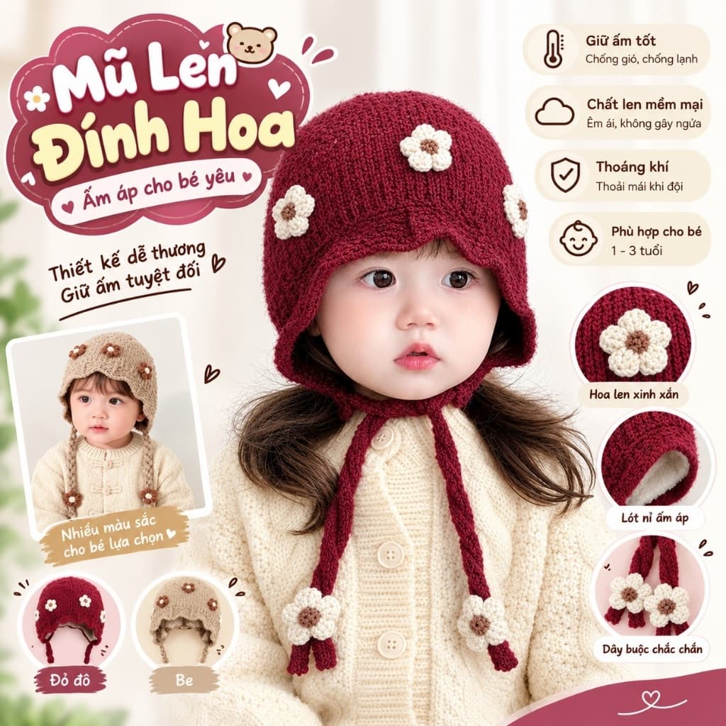 M168 Mũ Len Bé Gái Đính Hoa Xinh Xắn, Mũ Giữ Ấm Cho Bé 1-5 TUỔI