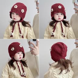 M168 Mũ Len Bé Gái Đính Hoa Xinh Xắn, Mũ Giữ Ấm Cho Bé 1-5 TUỔI 2