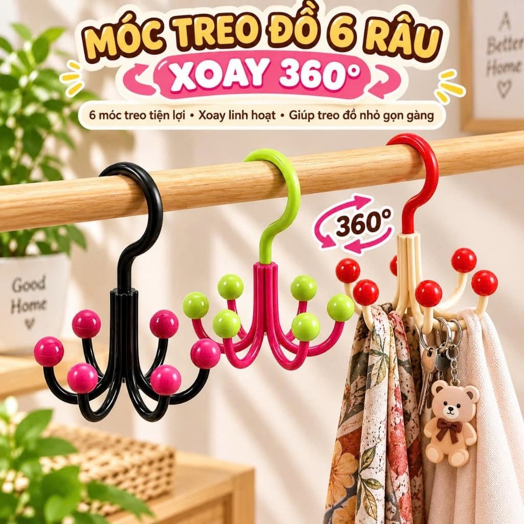 Móc treo đồ vật nhỏ 6 râu xoay 360 độ màu dopamine