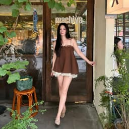 (Tặng Quần) Váy Quây Ngực Nhún Bèo Phối Màu Nâu Kem Tiểu Thư Hàn Quốc 2